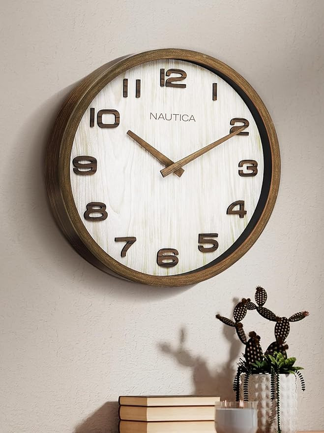 Nautica | 12 Inch | Luxury Wooden Finish Modern Wall Analog Clock| Real Wooden Hands & Numbers with 3D Embossed Numbers|Wooden|Real Wood|Teak-Natural